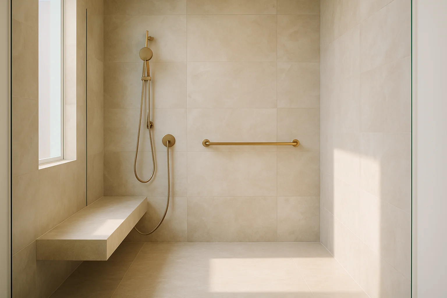 Curbless walk-in shower with an integrated bench, handheld wand, and a designer grab bar.