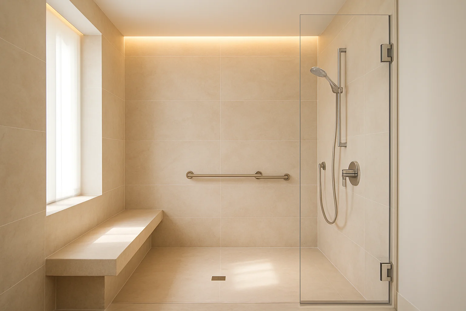 Bright, low-threshold shower with seating and improved lighting for safe, independent bathing.