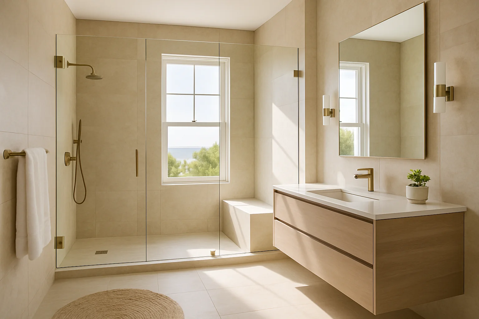 A finished coastal-modern bathroom — the kind of result we build.