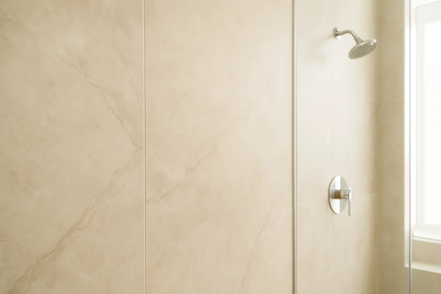 Detail of a large-format marble-look wall panel with a minimal, sealed seam.