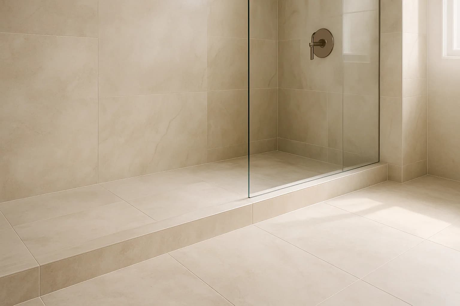 Large-format floor with a stone look, coordinated with the shower walls.