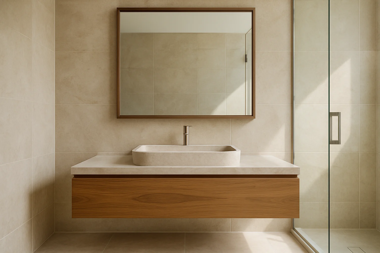 Floating vanity with an integrated basin, coordinated mirror, and brushed-nickel fixtures.