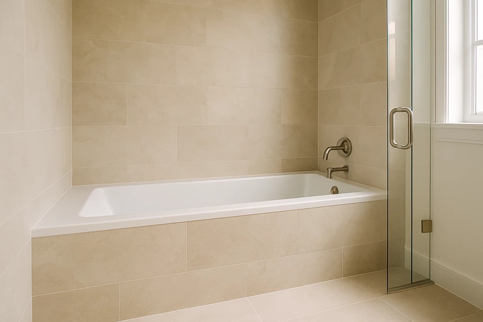Updated alcove tub with a seamless stone-look surround and brushed-nickel fixtures.