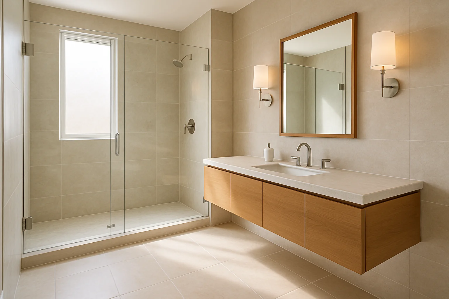 Fully remodeled bathroom: walk-in shower, floating vanity, coordinated flooring and lighting.