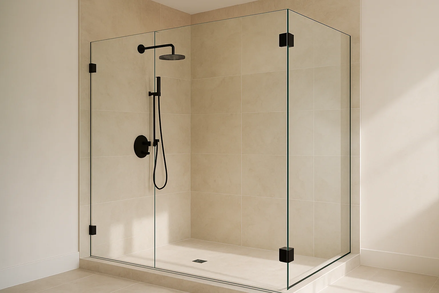 Frameless glass panel on a curbless shower, with matte-black hardware.