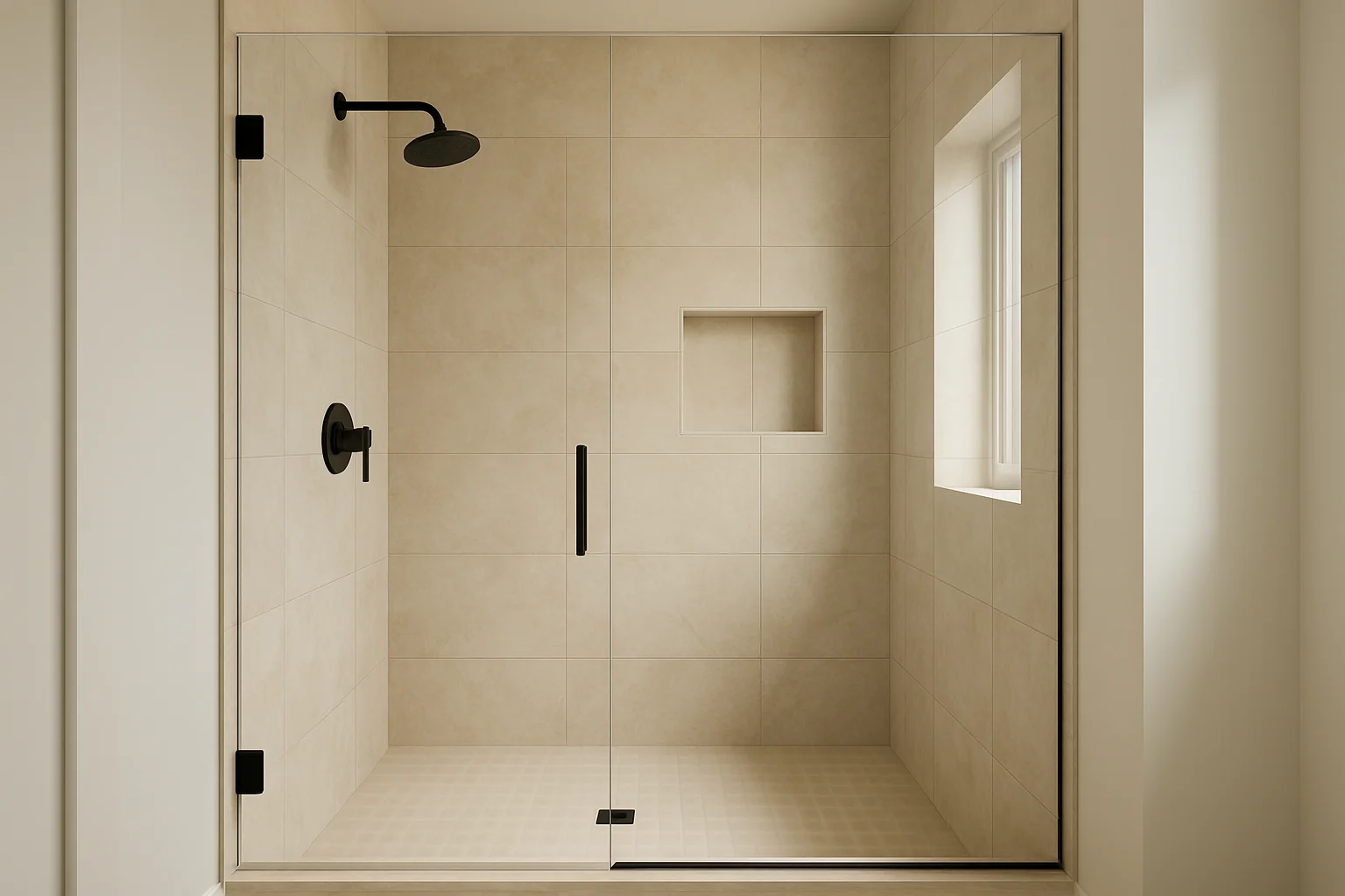 Remodeled shower with seamless large-format walls and updated matte-black fixtures.