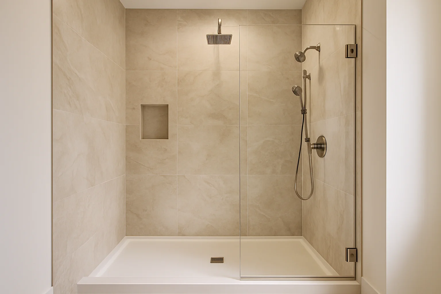 Finished walk-in shower with large-format stone-look walls, a low-threshold base, and frameless glass.