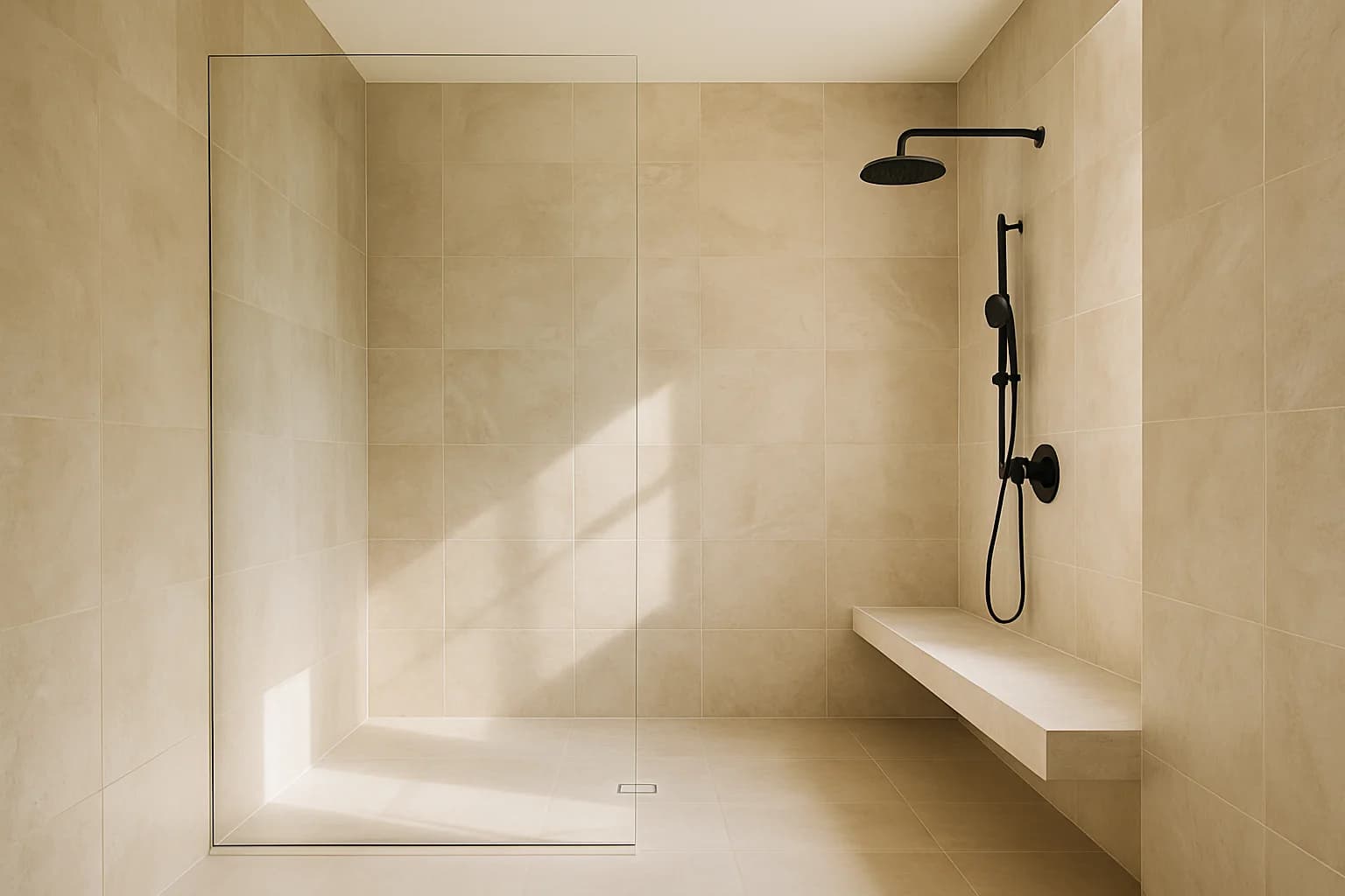 Open walk-in shower with floor-to-ceiling stone-look walls and a frameless glass panel.